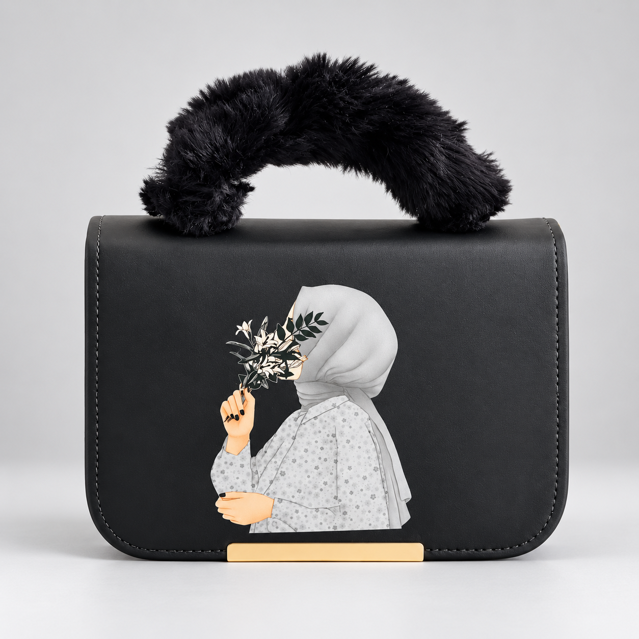 Fur Handle Illustrated Handbag