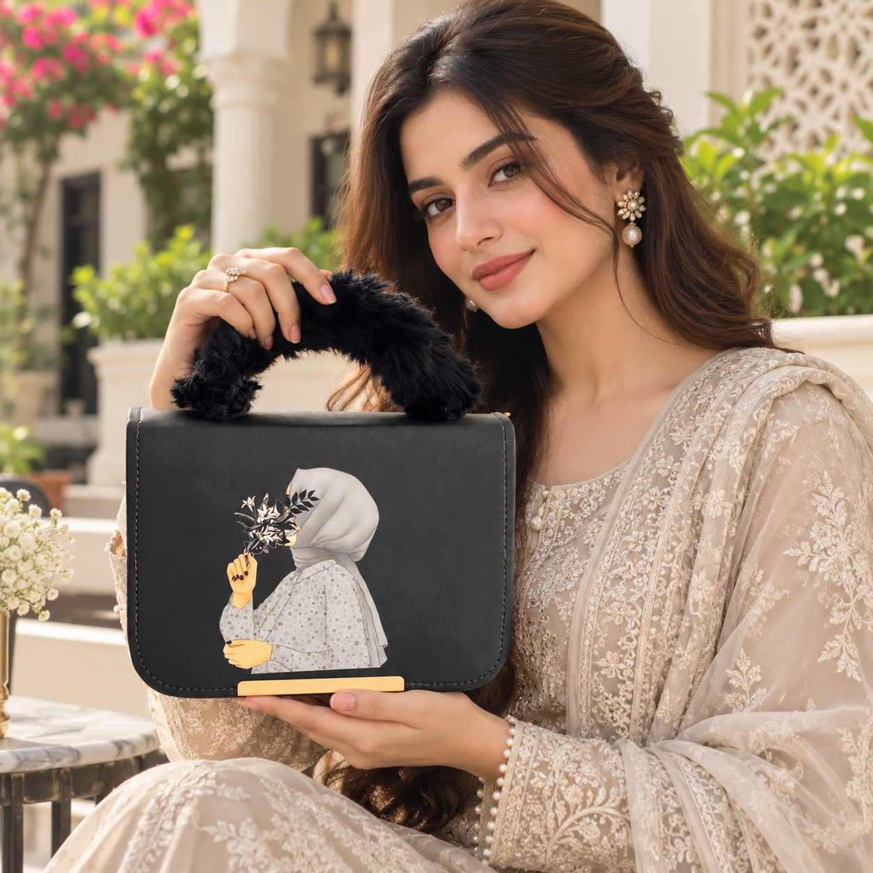 Fur Handle Illustrated Handbag