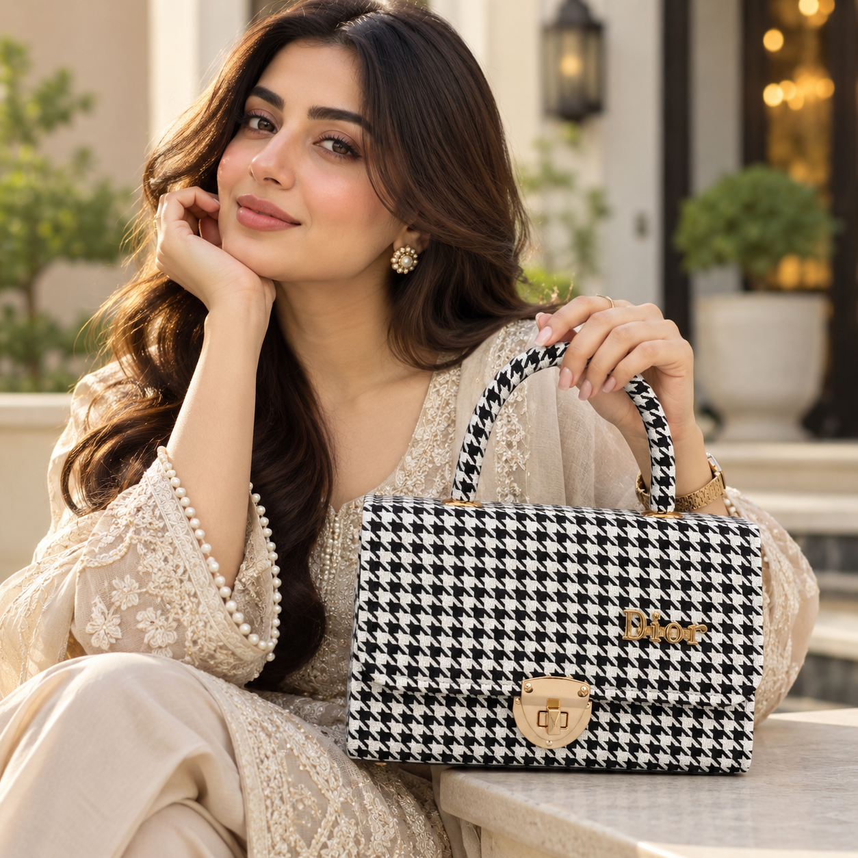 Houndstooth Top Handle Handbag